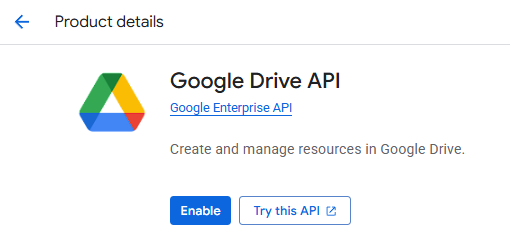 Google Drive API interface with enable and try this API buttons.
